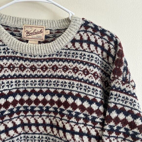 VTG Woolrich Geometric Pattern Sweater Crew Neck Red/Cream - Mens Size Large - Picture 2 of 8